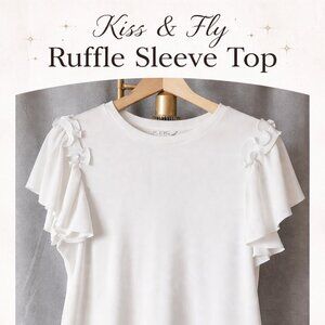 Kiss & Fly White Ruffle Sleeve Ribbed Top Size 1X Flutter Sleeve Blouse